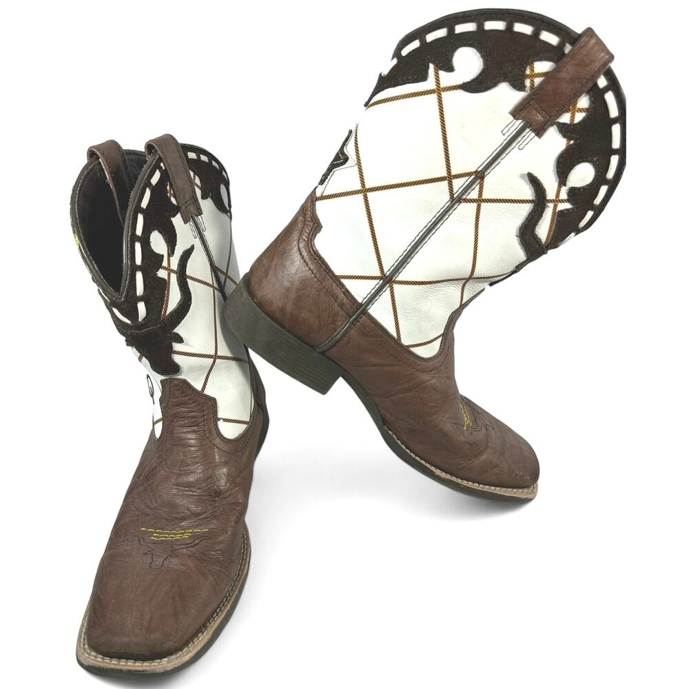 Ariat Kids Brown White Leather Western Cowboy Boots Square Toe Star Size 6